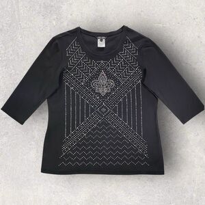 Nancy Bolen City Girl Womens Sz XL Top 3/4 Sleeve Black w/Rhinestones Detail